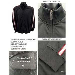 7Diamonds Mens XL Track Jacket Black Full Zip Red White Stripe Trim Sporty